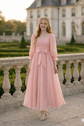 Tarz Çocuk Kız Çocuk Şifon Uzun Kollu Abiye Elbise – Belden Fiyonklu, Midi Bo...