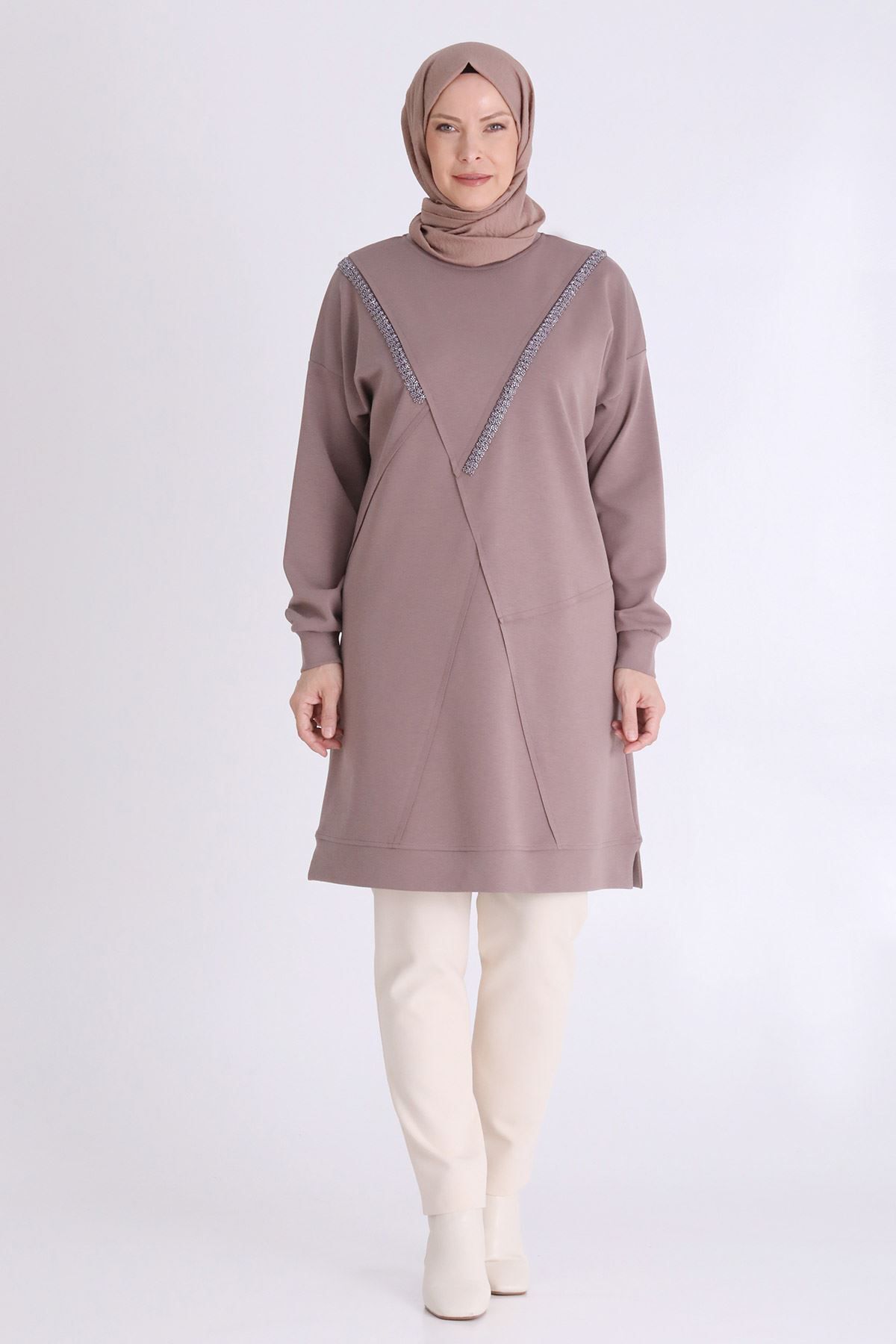 İşlemeli kahve rengi tunik - XL