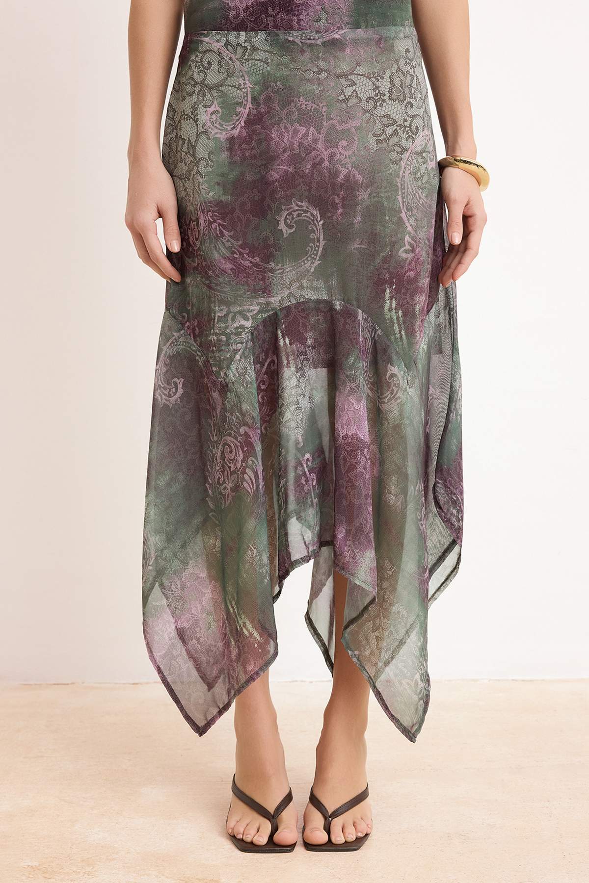 Trendyolmilla  Yeşil Etnik Desenli Şifon Astarlı Asimetrik Midi Etek TWOSS26ET00060 - Görsel 3