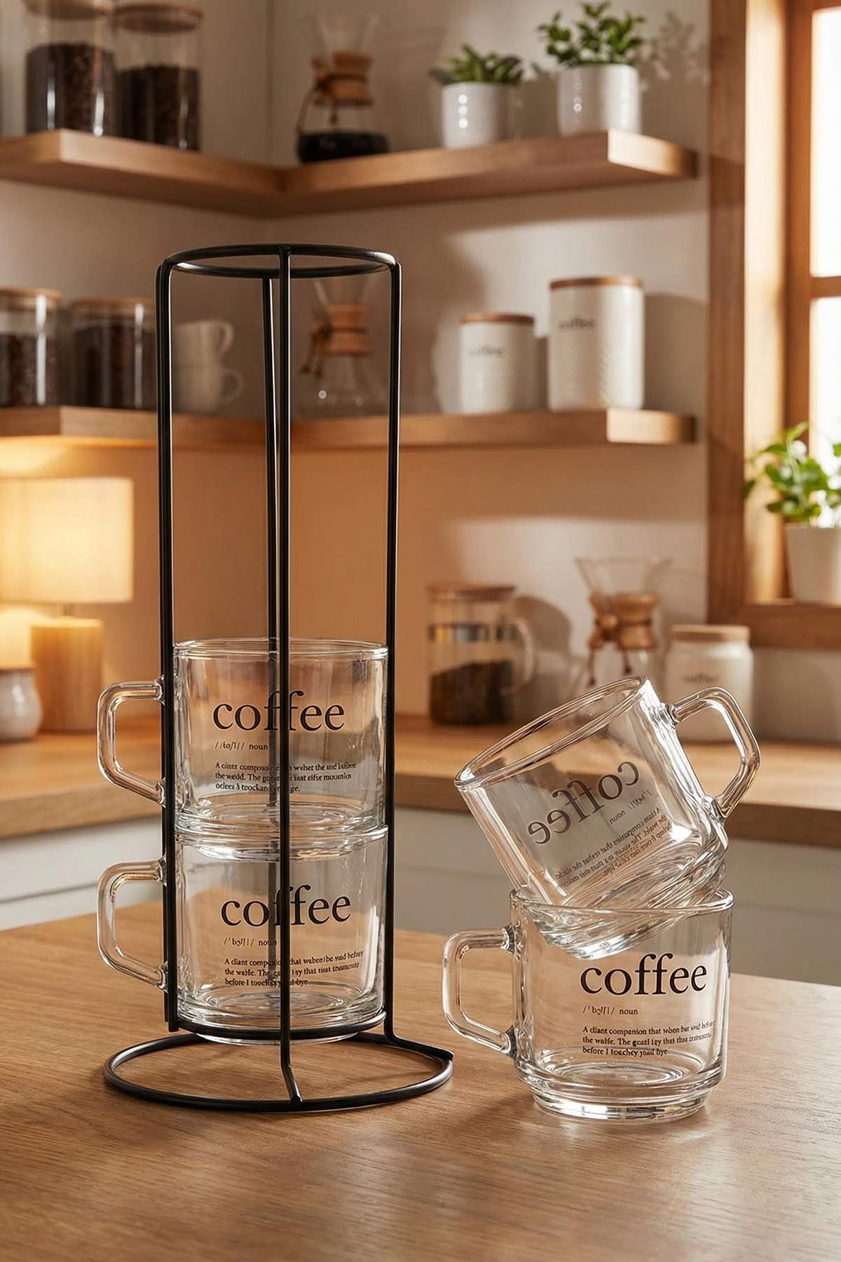 TRENDYOLMİLLA HOME 4-teiliges Tassenset mit Metallständer und bedrucktem Schr...