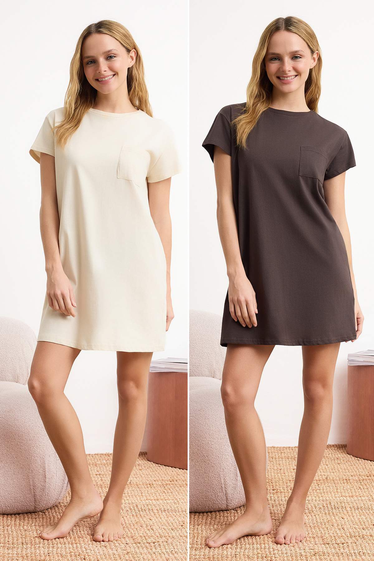 Trendyolmilla Ekru-Kahverengi 2'li Paket %100 Pamuklu Cep Detaylı Örme Gecelik THMSS25GC00020