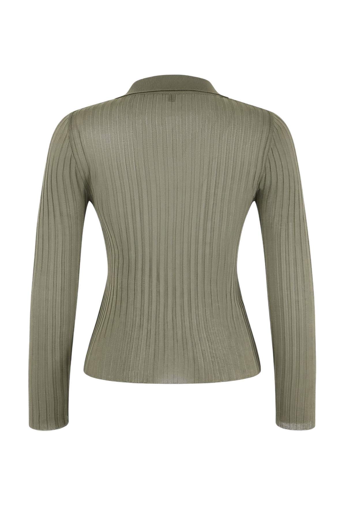 Trendyolmilla  Wardrobe Essentials Açık Haki Fitilli Polo Yaka İnce Triko Kazak TWOSS26KZ00004 - Görsel 6