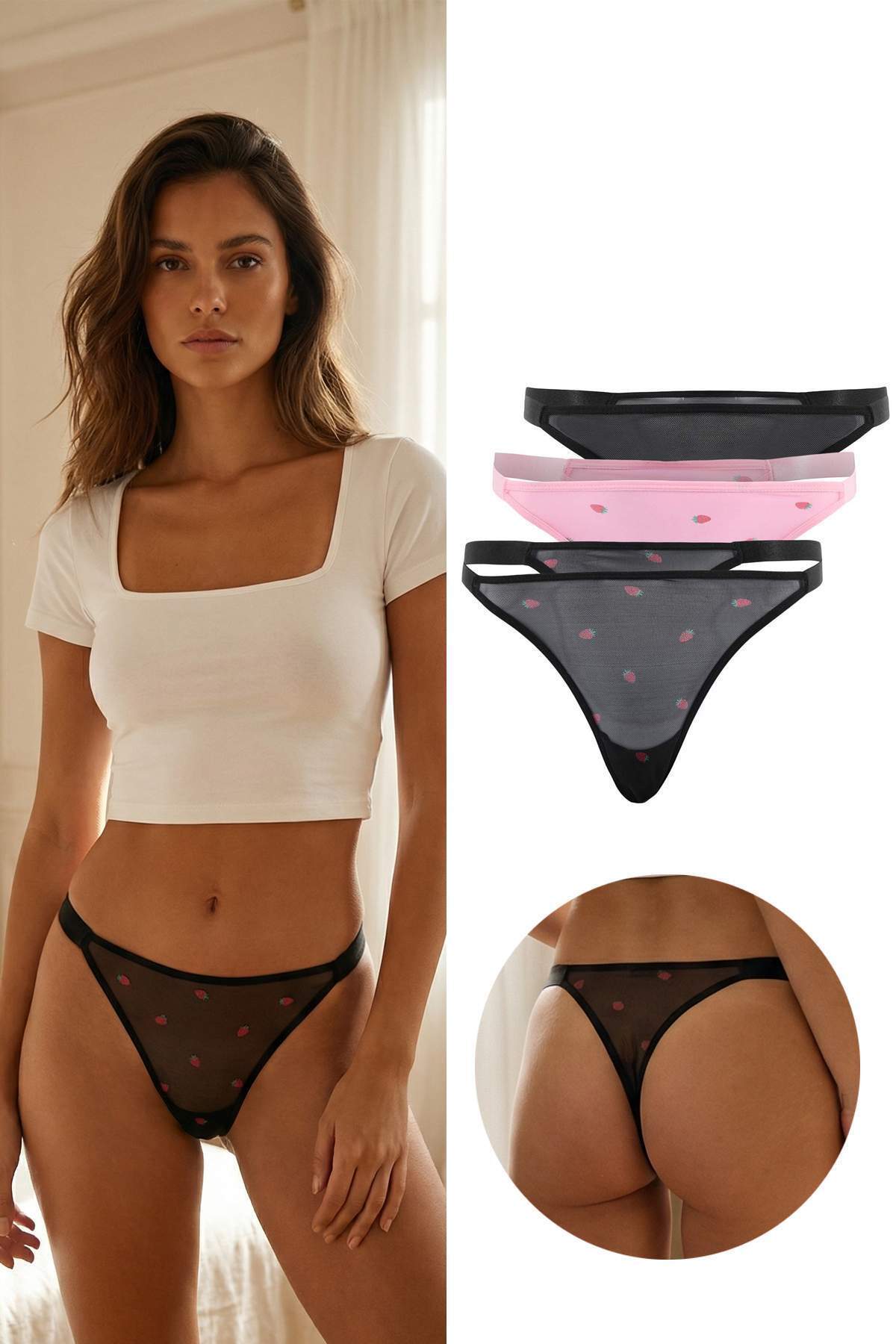 Trendyolmilla Siyah-Çok Renkli 3'lü Tül Çilek Baskılı Tanga Külot THMSS26KU00015