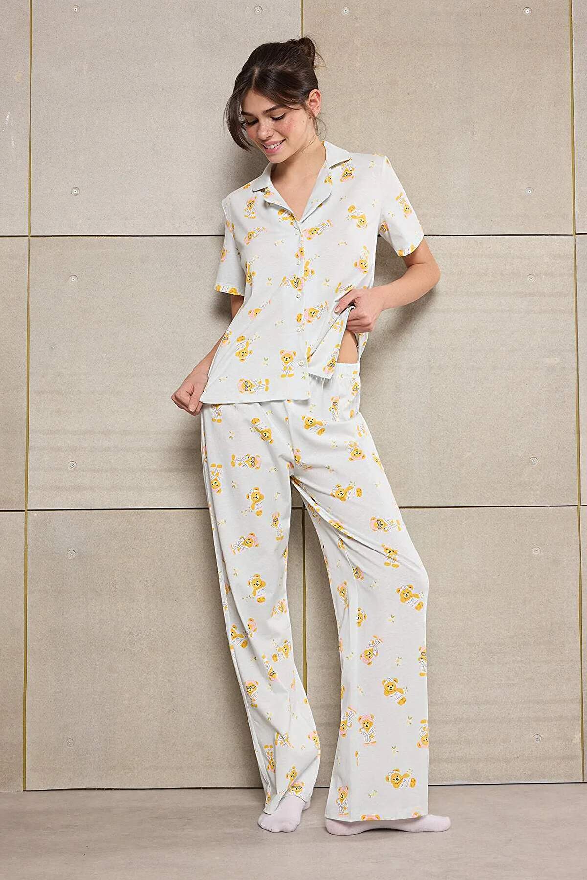 Trendyolmilla  Teen Mavi %100 Pamuklu Ayıcık Desenli Örme Pijama Takımı THMSS26PT00025 - Görsel 2
