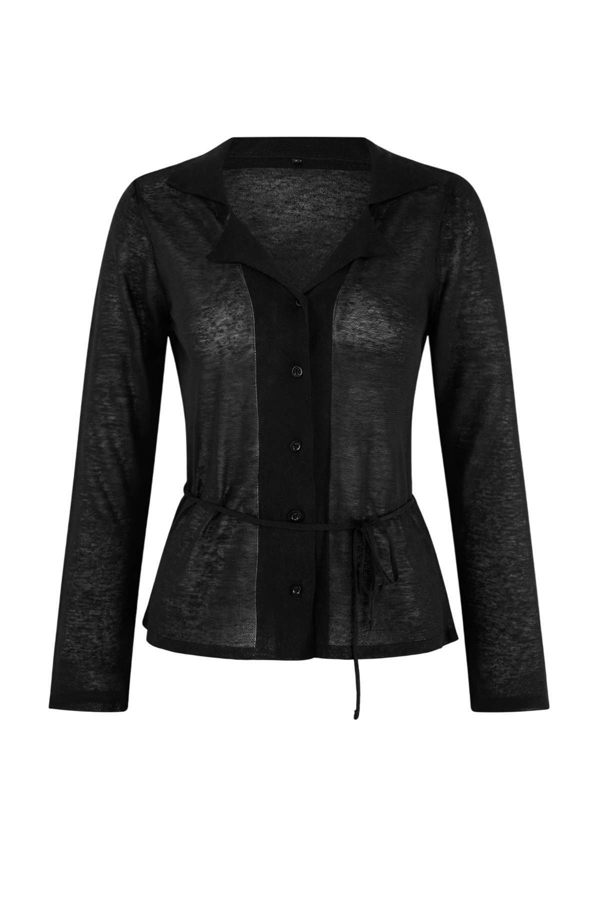 Trendyolmilla  Wardrobe Essentials Siyah Premium İplik Kemer Detaylı Gömlek Yaka İnce Triko Hırka TWOSS26HI00004 - Görsel 5