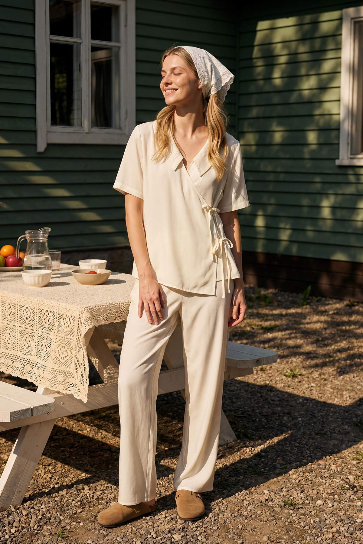 Trendyolmilla  Ekru Kruvaze Yaka Bağlama Detaylı Viskon Dokuma Pijama Takımı THMSS26PT00029 - Görsel 2