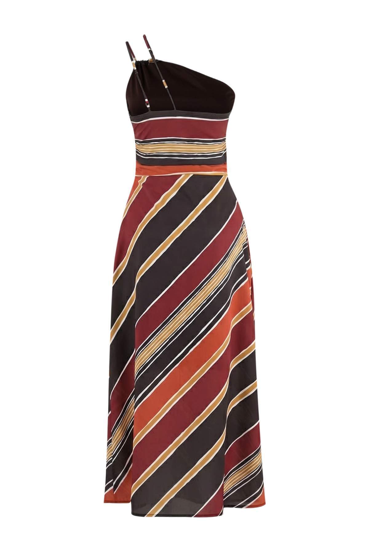 Trendyolmilla  Çok Renkli Çizgili Saten Tem Omuz Detaylı Dokuma Elbise TWOSS26EL00233 - Görsel 2