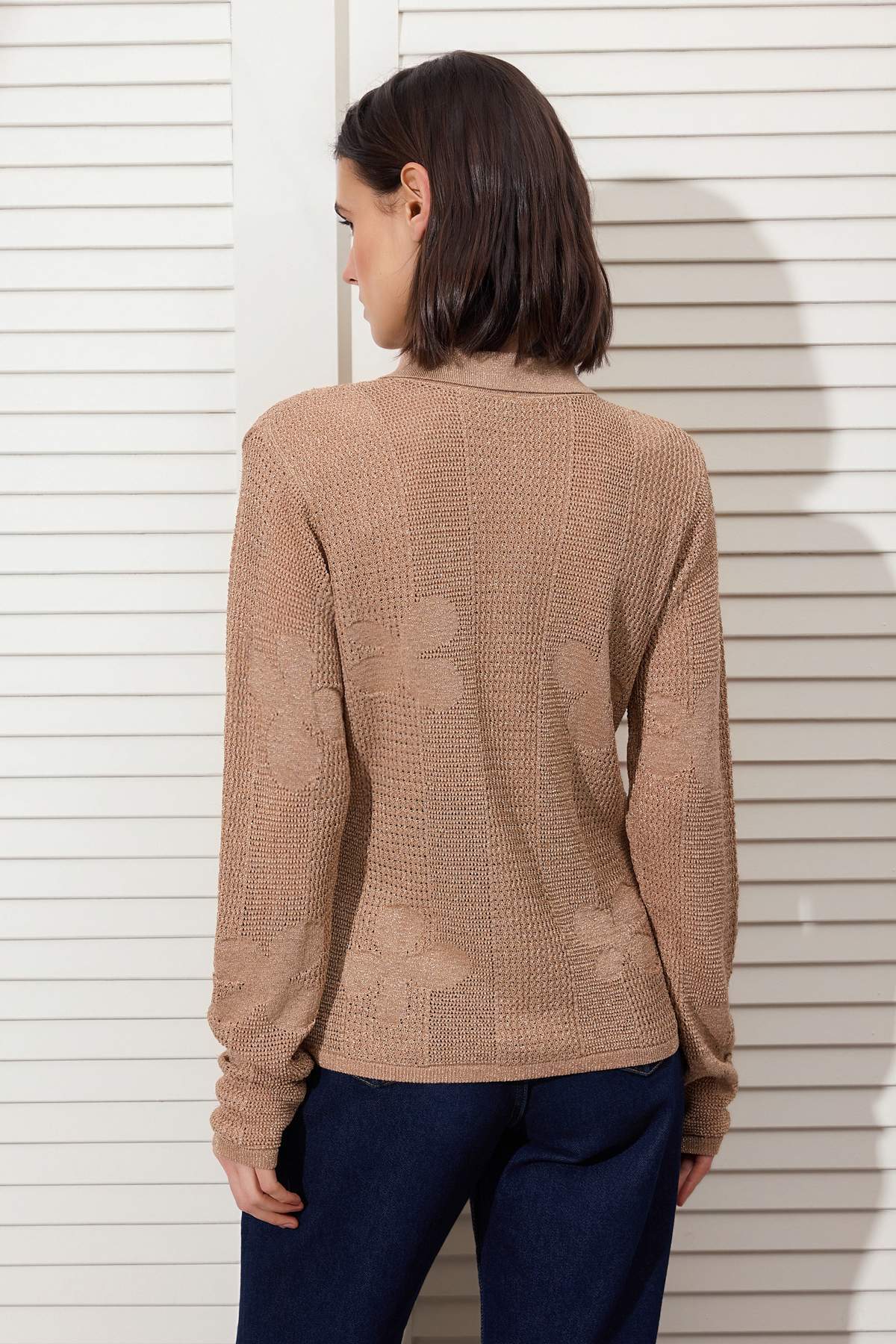 Trendyolmilla  Camel Polo Yaka Ajurlu/Delikli Nakışlı Triko Hırka TWOSS26HI00011 - Görsel 5