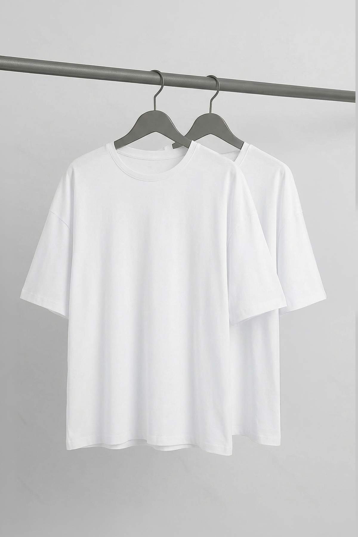 Trendyolmilla Man Unisex Büyük Beden Beyaz-Beyaz Oversize 2'li Paket %100 Pamuklu T-Shirt TMNSS24BF00042