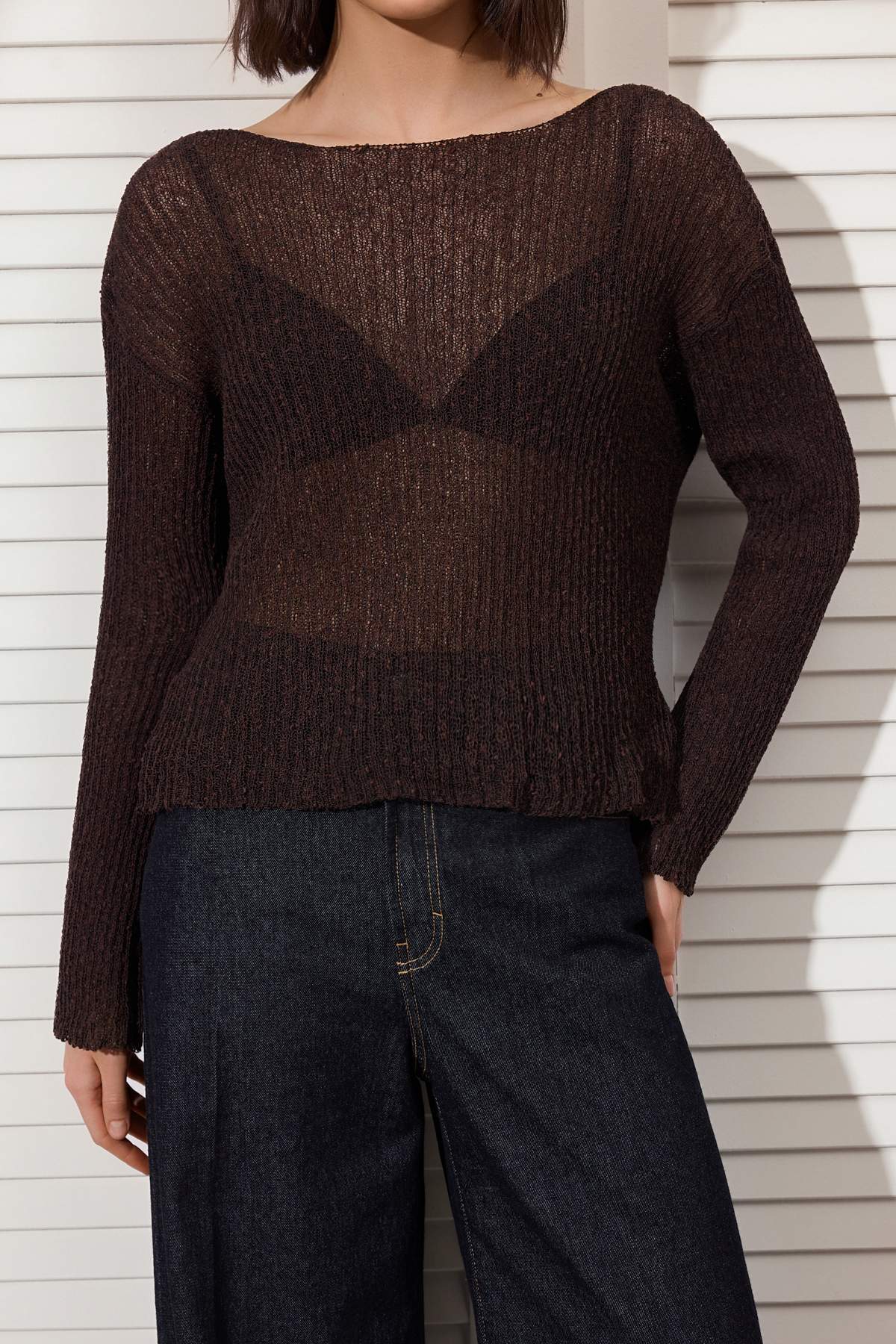 Trendyolmilla  Kahverengi Yazlık Özel İplik Pamuklu Geniş Kalıp Triko Kazak TWOSS26KZ00014 - Görsel 3