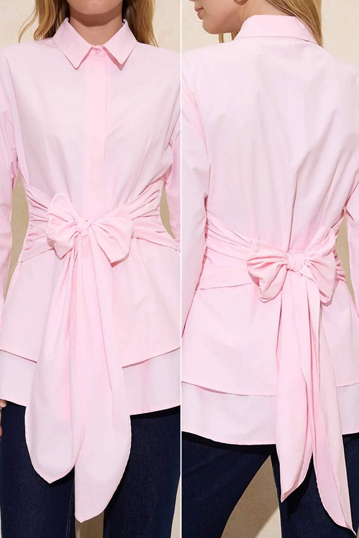 Trendyol Modest Light Pink Belt Detail Layered Fitted/Waist-Catching Cotton Shirt TCTSS26TG00013