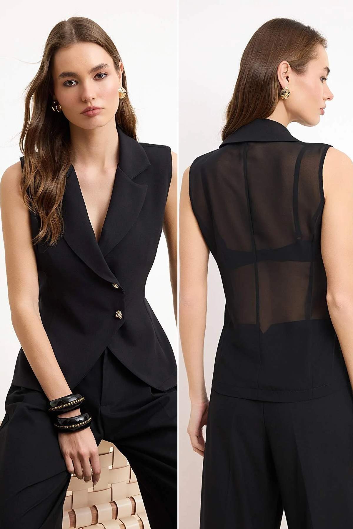 Trendyol Kollektion Schwarze Weste mit Stofffront und Chiffon-Rückseite TWOSS...