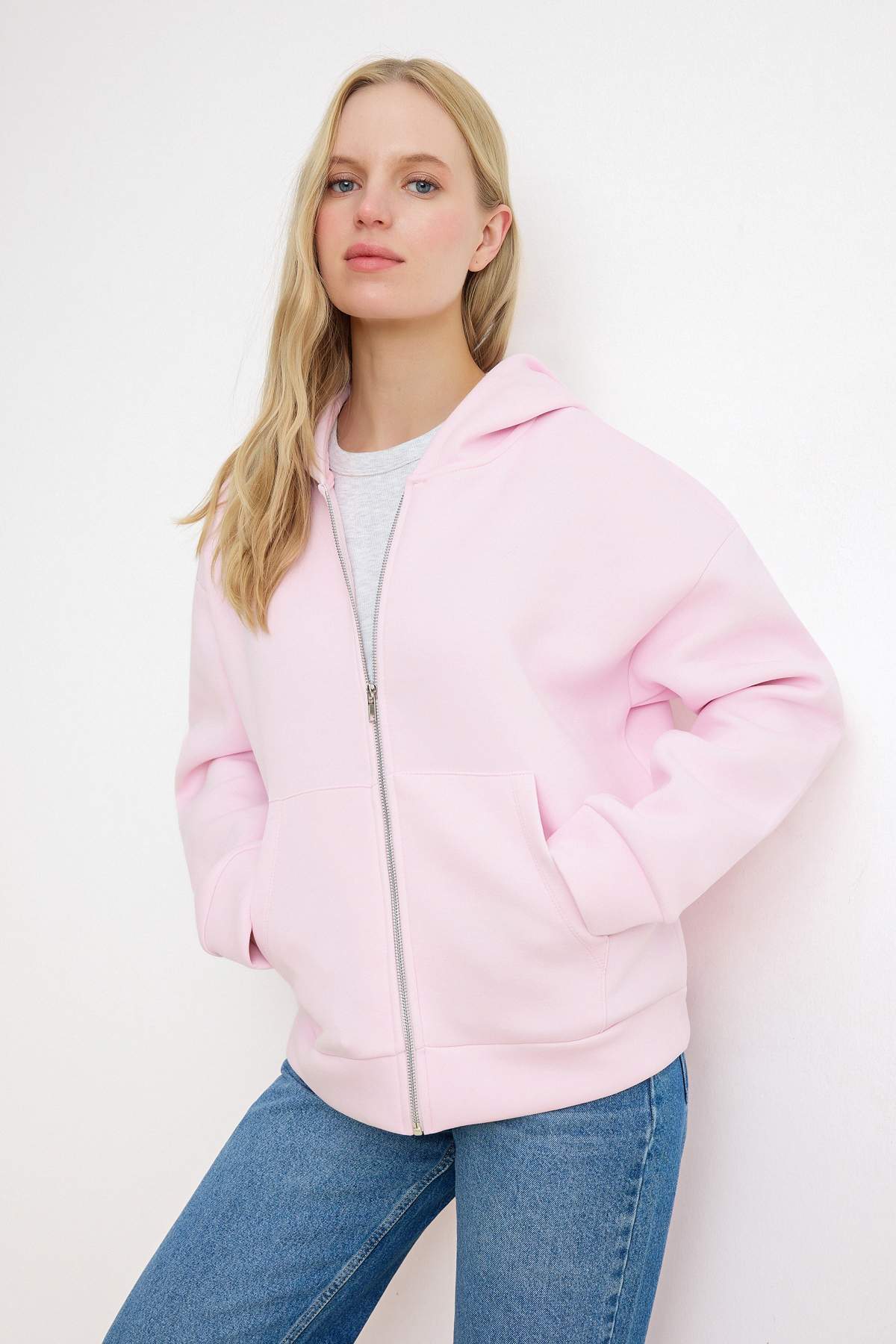 Trendyolmilla  Wardrobe Essentials –Pembe Oversize Kapüşonlu Örme Sweatshirt |TWOAW26SW00018 - Görsel 5