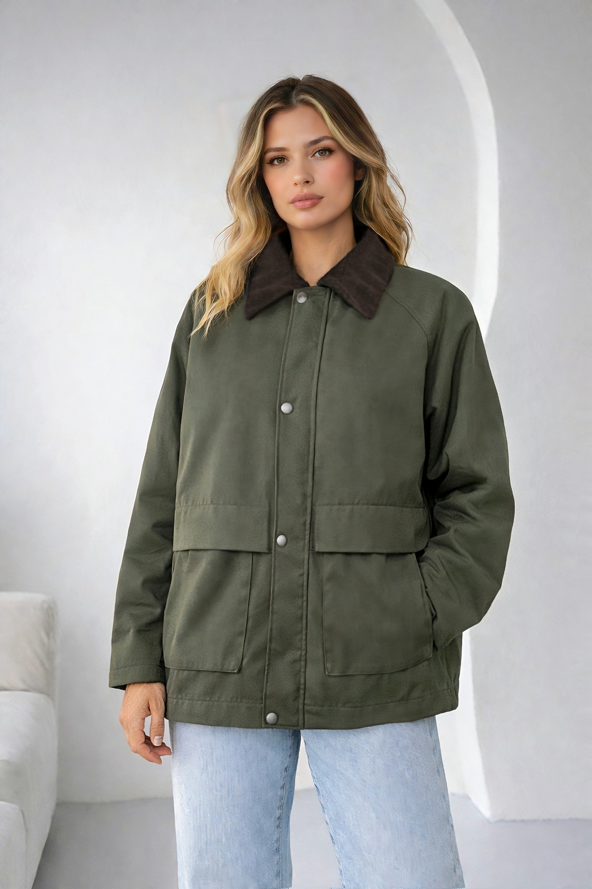 EA LİNE  Haki Regular Fit Kadife Yaka ve Çıtçıt Detaylı Unisex Mevsimlik Mont&Ceket - Görsel 3