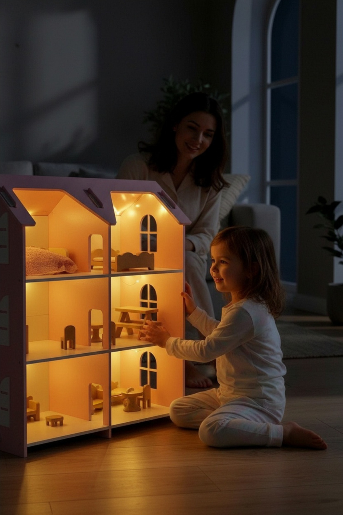 hedefixtoys LED Işıklı Ahşap Oyuncak Ev | 3 Katlı Pembe Montessori Bebek Evi fotoğrafı 4 (önizleme)