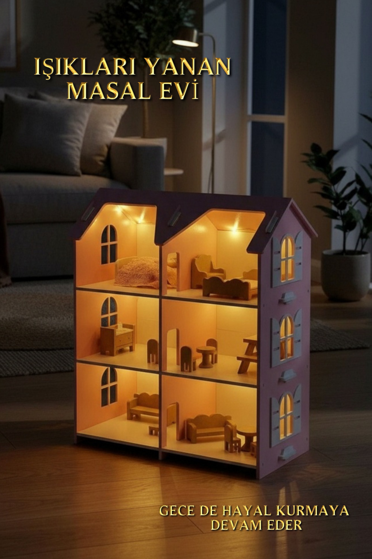 hedefixtoys LED Işıklı Ahşap Oyuncak Ev | 3 Katlı Pembe Montessori Bebek Evi fotoğrafı 3 (önizleme)