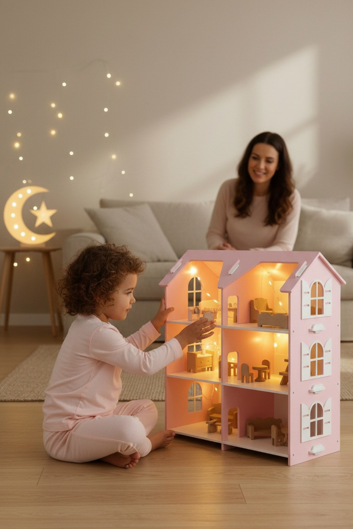hedefixtoys LED Işıklı Ahşap Oyuncak Ev | 3 Katlı Pembe Montessori Bebek Evi fotoğrafı 7 (önizleme)