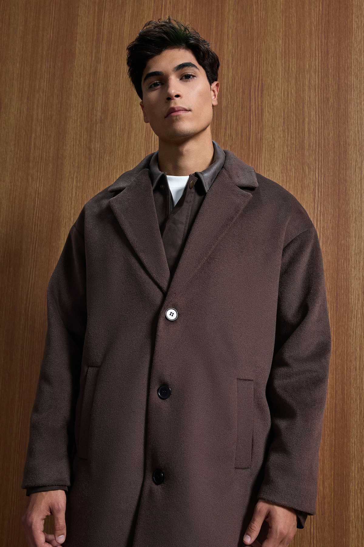 ablukaonline  Erkek Oversize Düğmeli Kaşe Kaban Koyu Kahve - Görsel 4