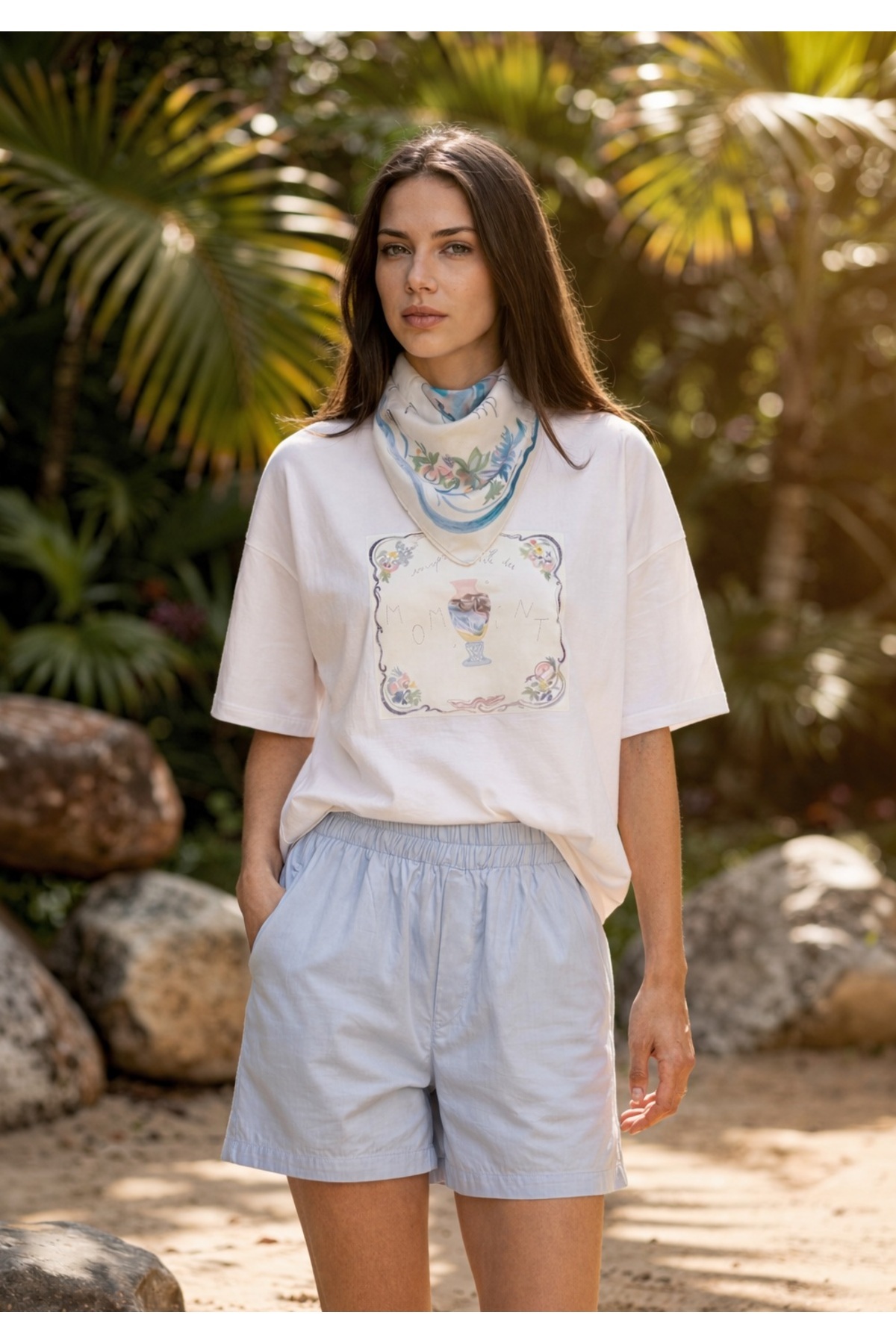 Amia&Co. Ecru Crew Neck Detachable Scarf Detailed Vintage Vase Printed Oversized Women's T-Shirt