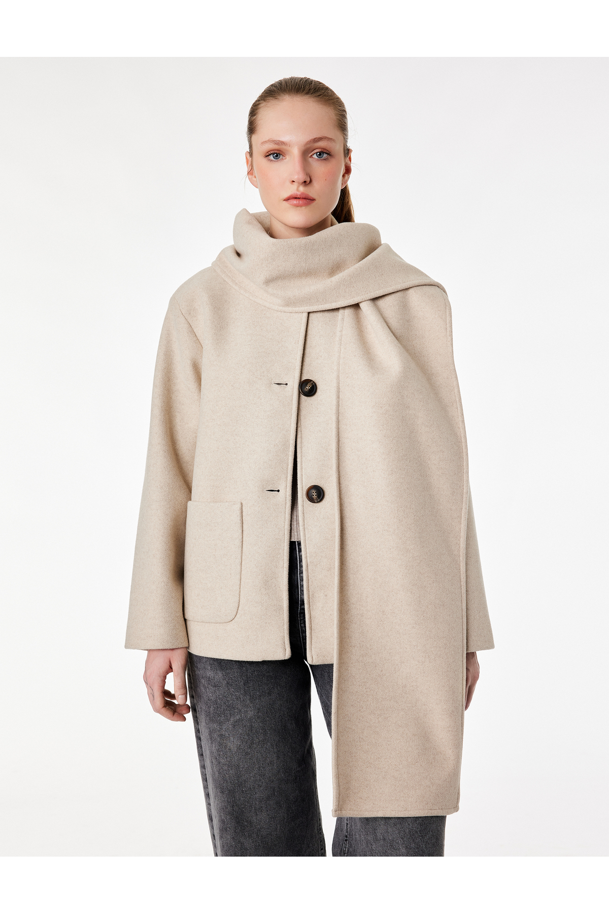 Koton  Uzun Kollu Düğmeli Cepli Atkılı Kaşe Ceket - Görsel 2