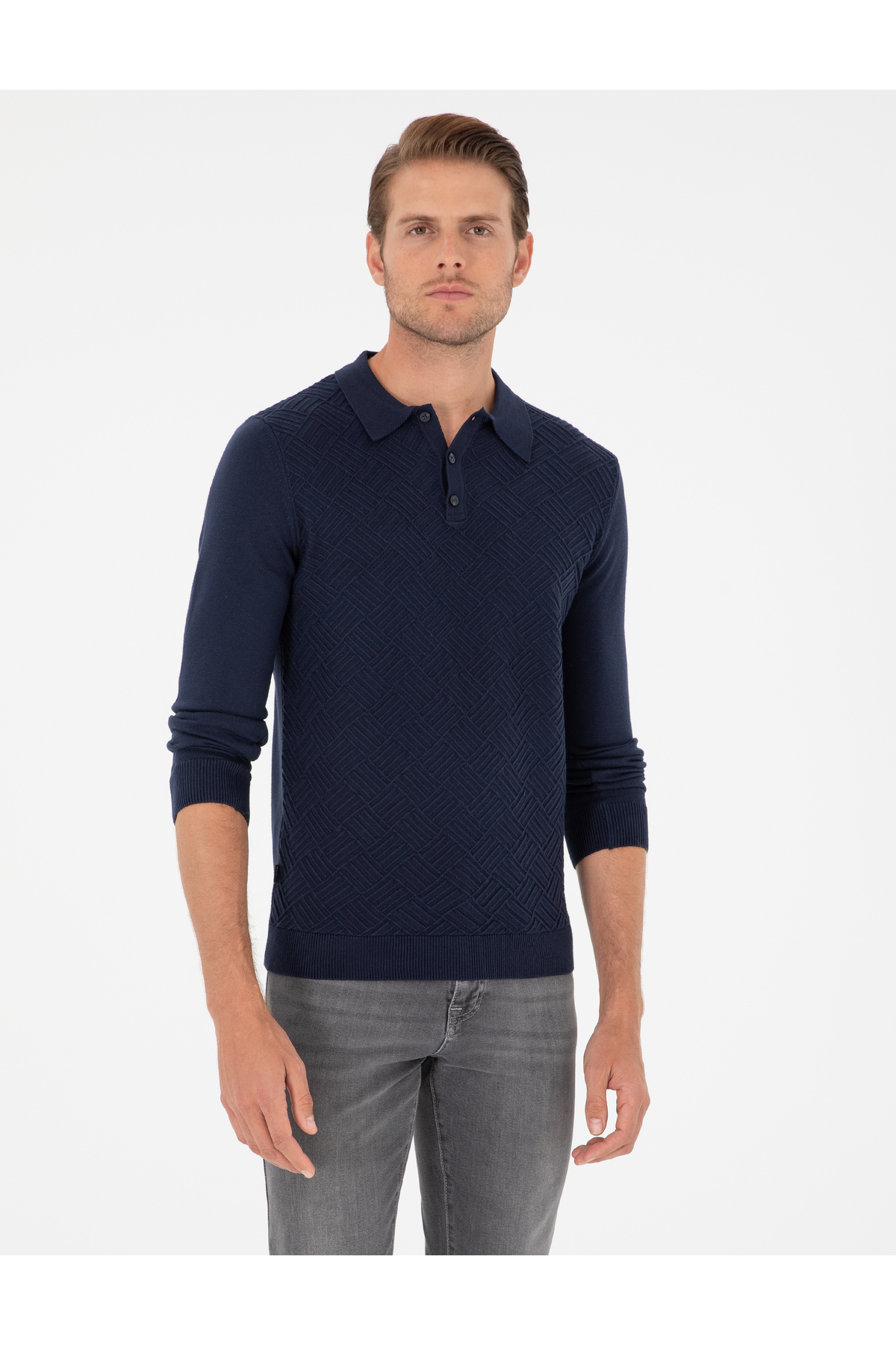 Pierre Cardin Lacivert Slim Fit Düğmeli Polo Yaka Triko Kazak 50300521-VR033