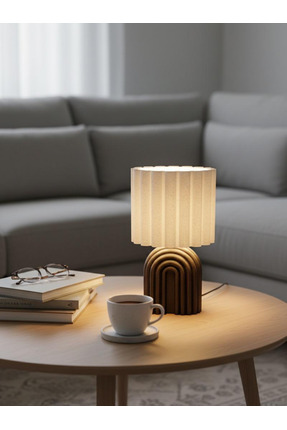 MCY DEKOR Modern Pliseli Ahşap Desenli Plastik Abajur | Masa Lambası | Ev Dek...