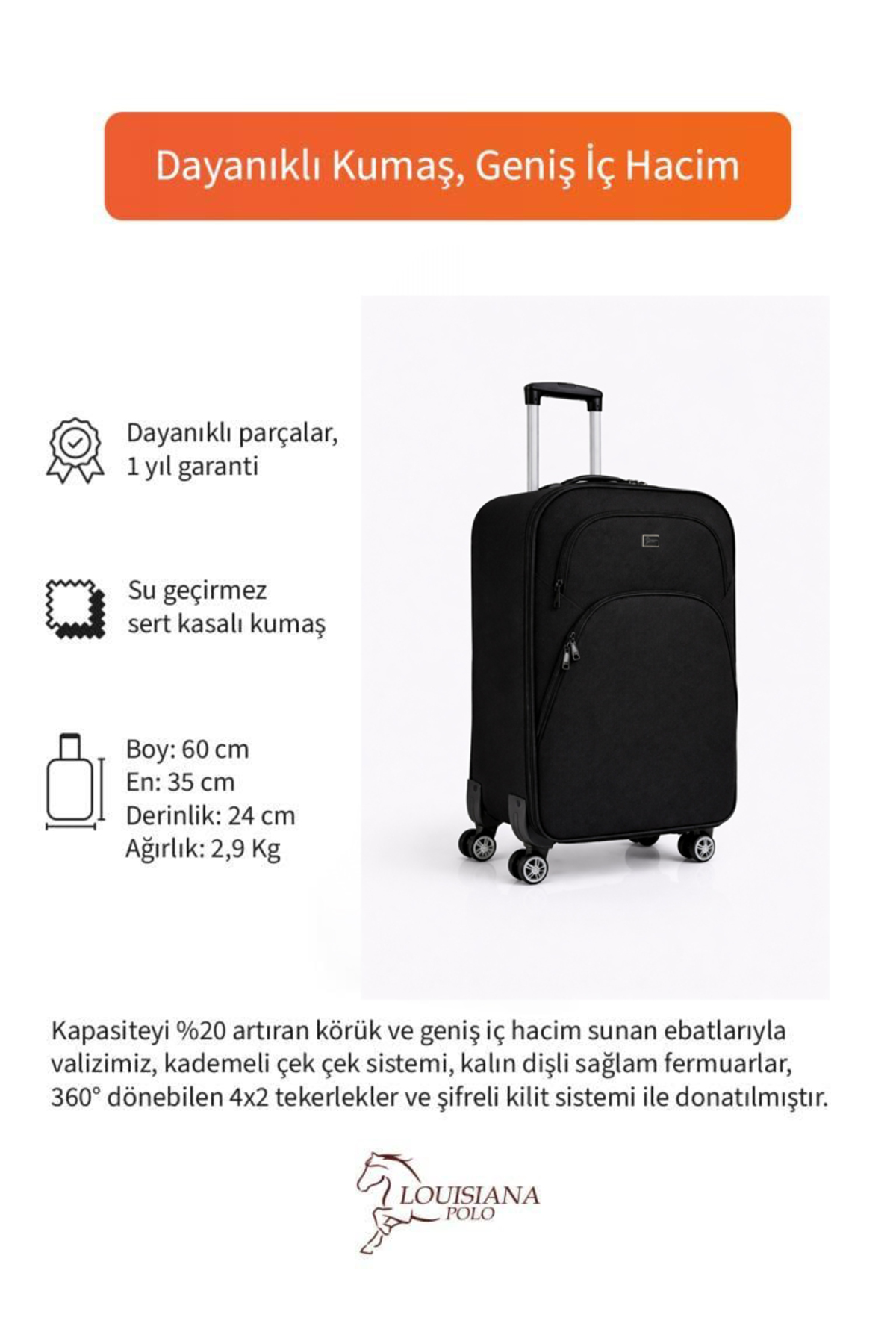 louisiana polo  Kabin Boy 4 Teker Kumaş Valiz Siyah 1081 - Görsel 5