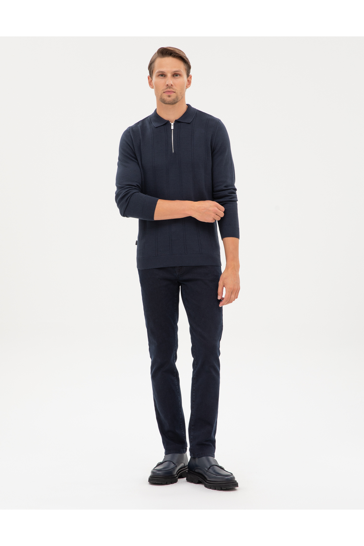 Pierre Cardin Lacivert Slim Fit Fermuarlı Polo Yaka Triko Kazak 50317398-VR033 görsel 4