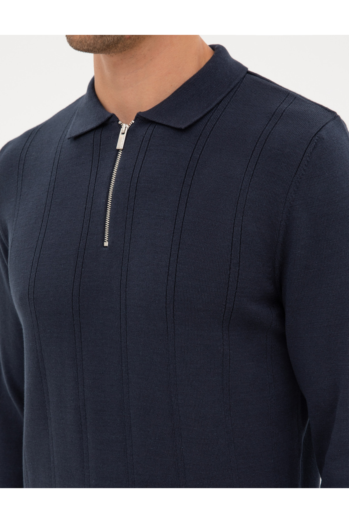 Pierre Cardin Lacivert Slim Fit Fermuarlı Polo Yaka Triko Kazak 50317398-VR033 görsel 7