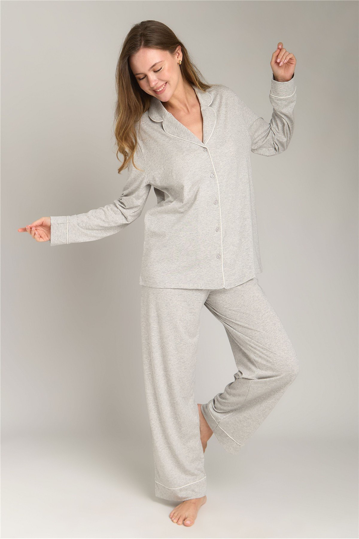 LOVELY THINGS Nina Knitted Long Sleeve Shirt and Pants Set Pajama Set - Gray Melange