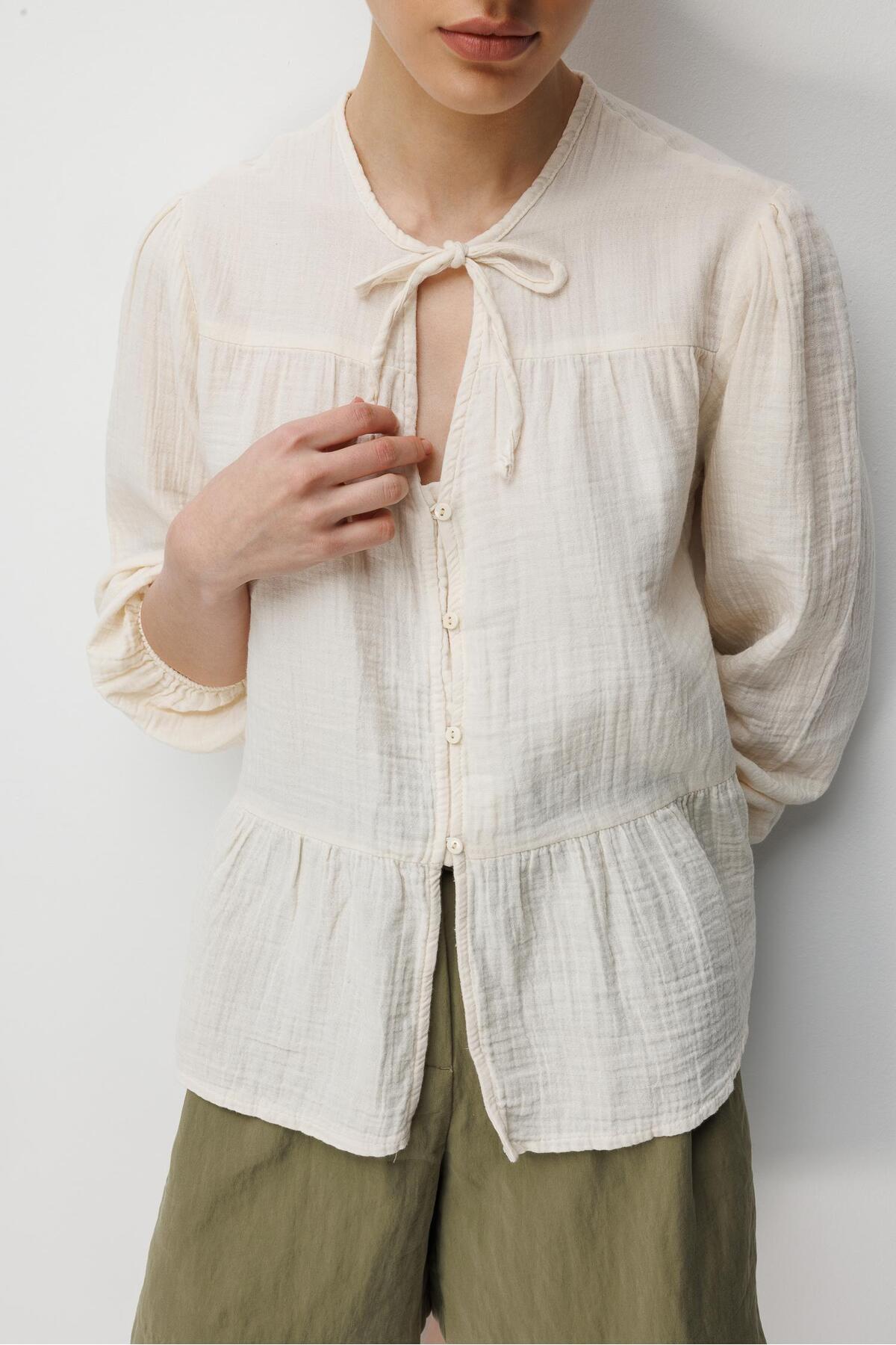 Mixray  4563 Kadın Yakası Bağlamalı Kolu Lastikli Bol Müslin Gömlek Naturel - Görsel 6