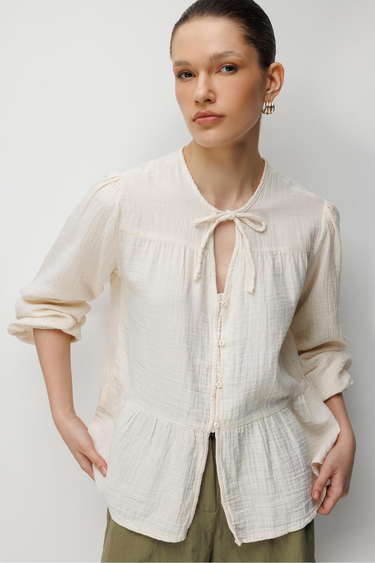 Mixray  4563 Kadın Yakası Bağlamalı Kolu Lastikli Bol Müslin Gömlek Naturel - Görsel 4