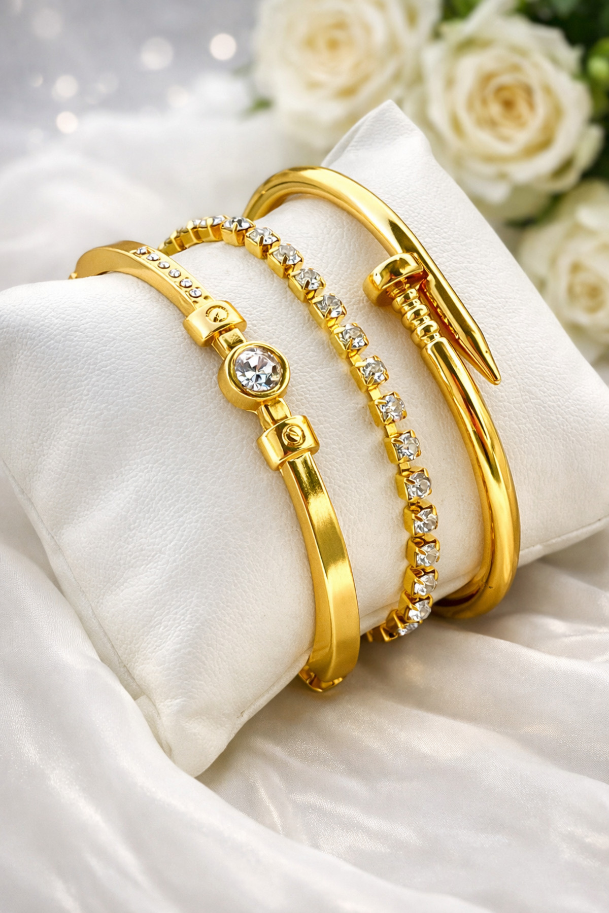 Gold Color 3-Piece Combination Bracelet with Black Stone Detail