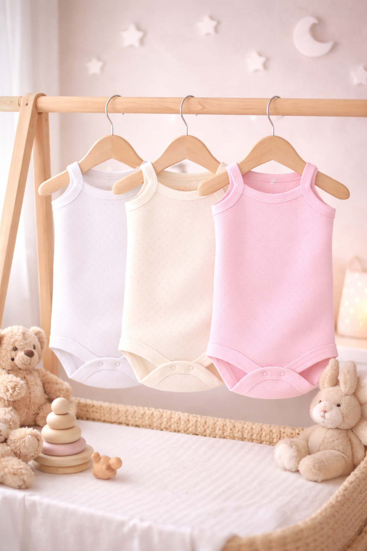 Novibaby 3'lü Jakarlı İp Askılı Bebek Body Zıbın Çıtçıtlı 100% Pamuk - Ekru Pembe Beyaz fotoğrafı 2 (önizleme)