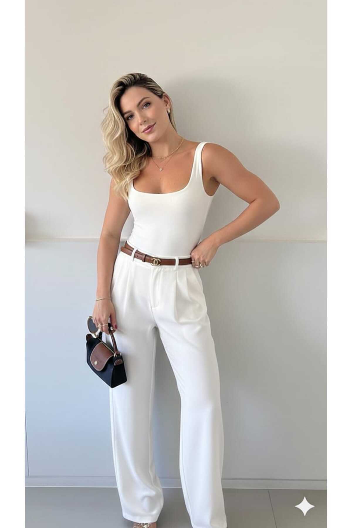 H&A İSTANBUL  kadın beyaz cepli Pileli yüksek bel Kumaş Palazzo Pantolon - Görsel 4