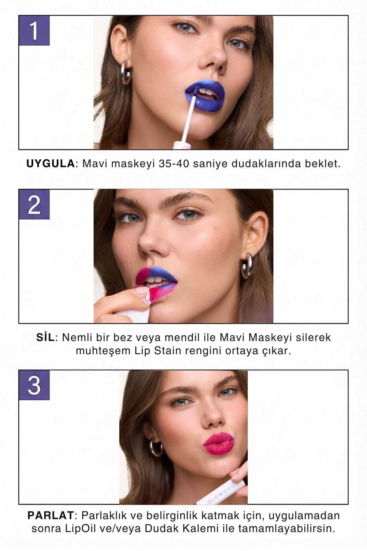 Glowder Natural Sepette Ek Soyulabilir Ruj Dudak Dövmesi Kalıcı Ruj Lip Stain 2’li Set (Nude & Sıcak Gül)