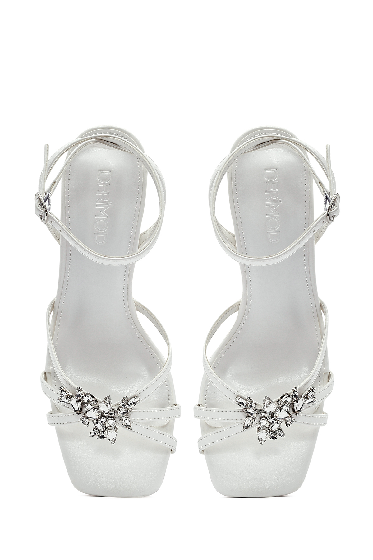 Derimod  Kadın Beyaz Bilekten Tokalı Taşlı İnce Kısa Topuklu Ayakkabı Sandalet 25SFE481818 - Görsel 8