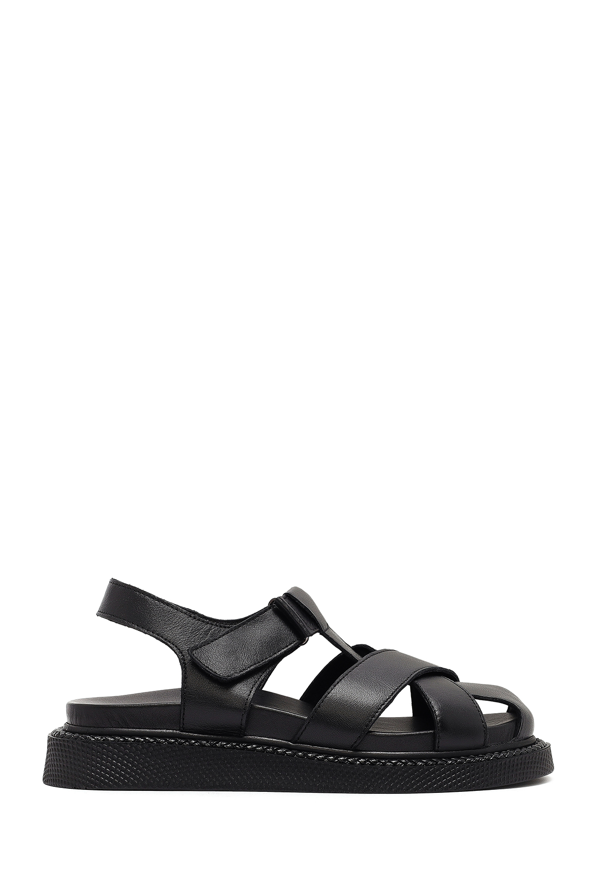 Derimod  Kadın Siyah Bantlı Kalın Tabanlı Hakiki Hakiki Deri Sandalet 25SFD300918