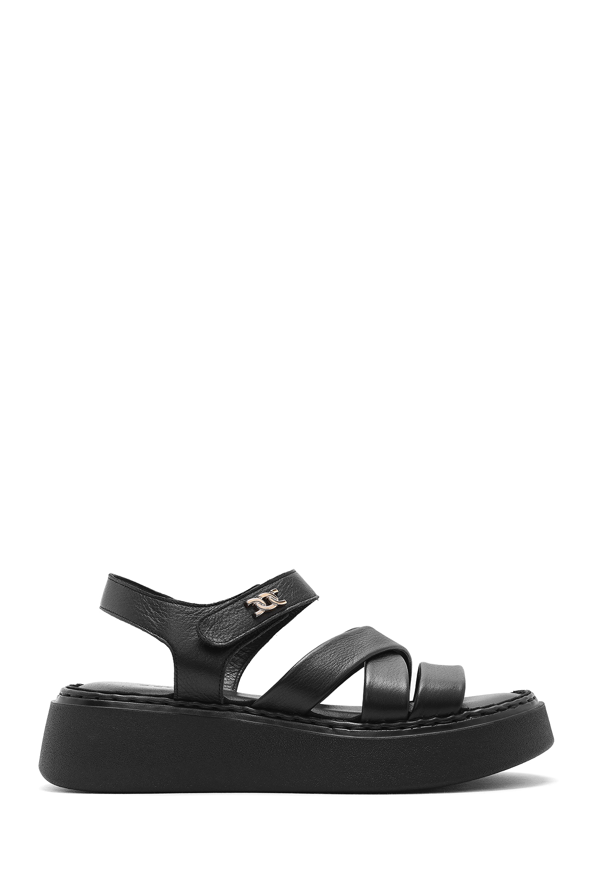 Derimod  Kadın Siyah Bilekten Bağlamalı Kalın Tabanlı Hakiki Hakiki Deri Comfort Sandalet 25SFD342718