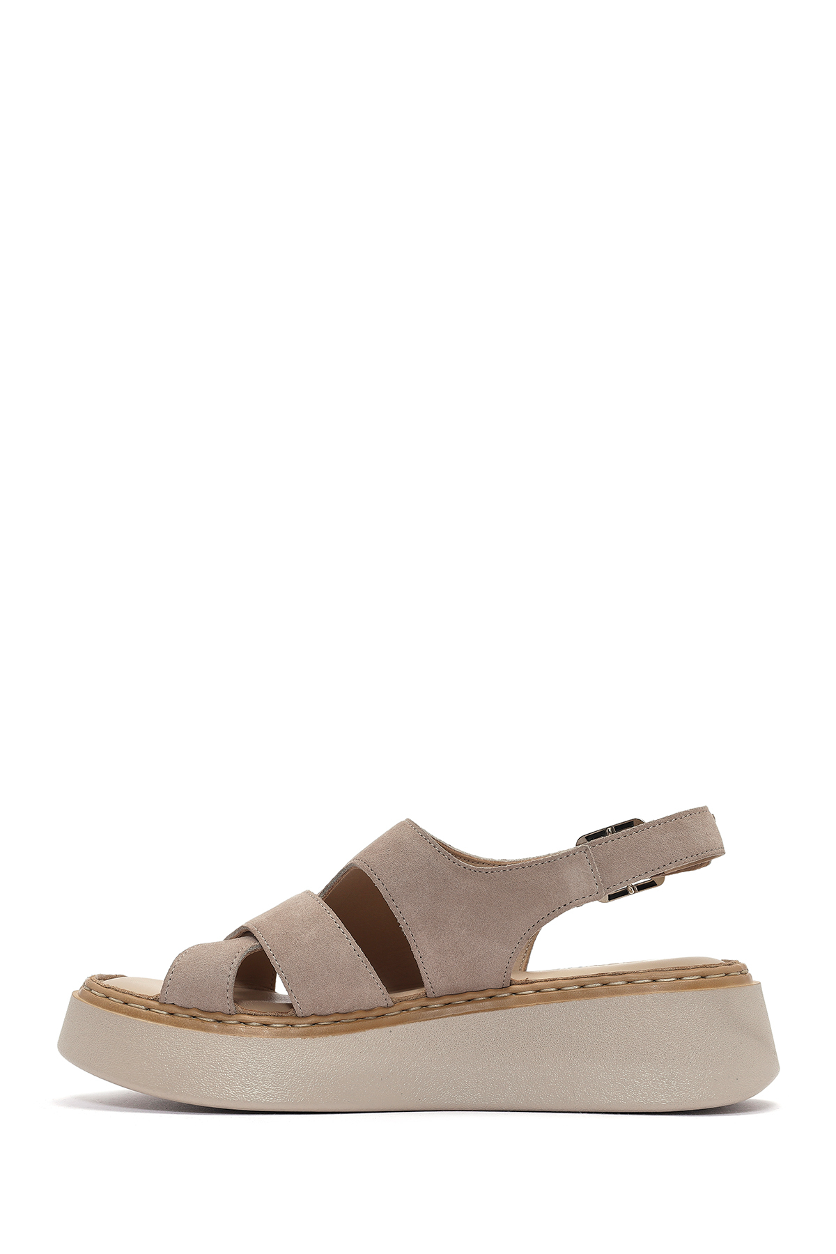 Derimod  Kadın Vizon Bilekten Tokalı Kalın Tabanlı Süet Hakiki Hakiki Deri Comfort Sandalet 25SFD342310 - Görsel 2