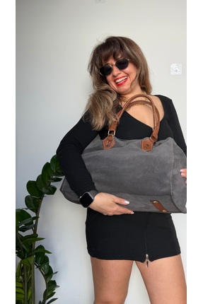 Tuvita Collection Bodrum %100 Gerçek Süet Deri El Yapımı Antrasit Taba Büyük ...