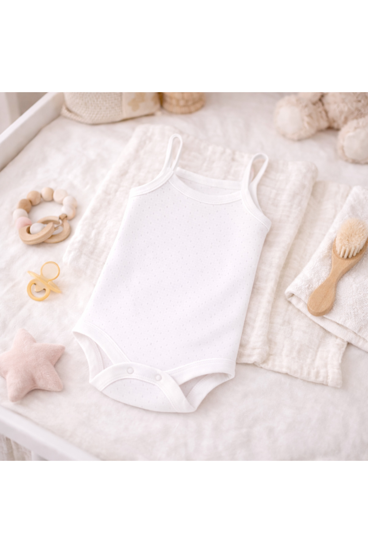 Novibaby Jakarlı İp Askılı Bebek Body Zıbın Çıtçıtlı Beyaz 100% Pamuk - Beyaz Bebek Atlet Body Zıbın fotoğrafı 2 (önizleme)