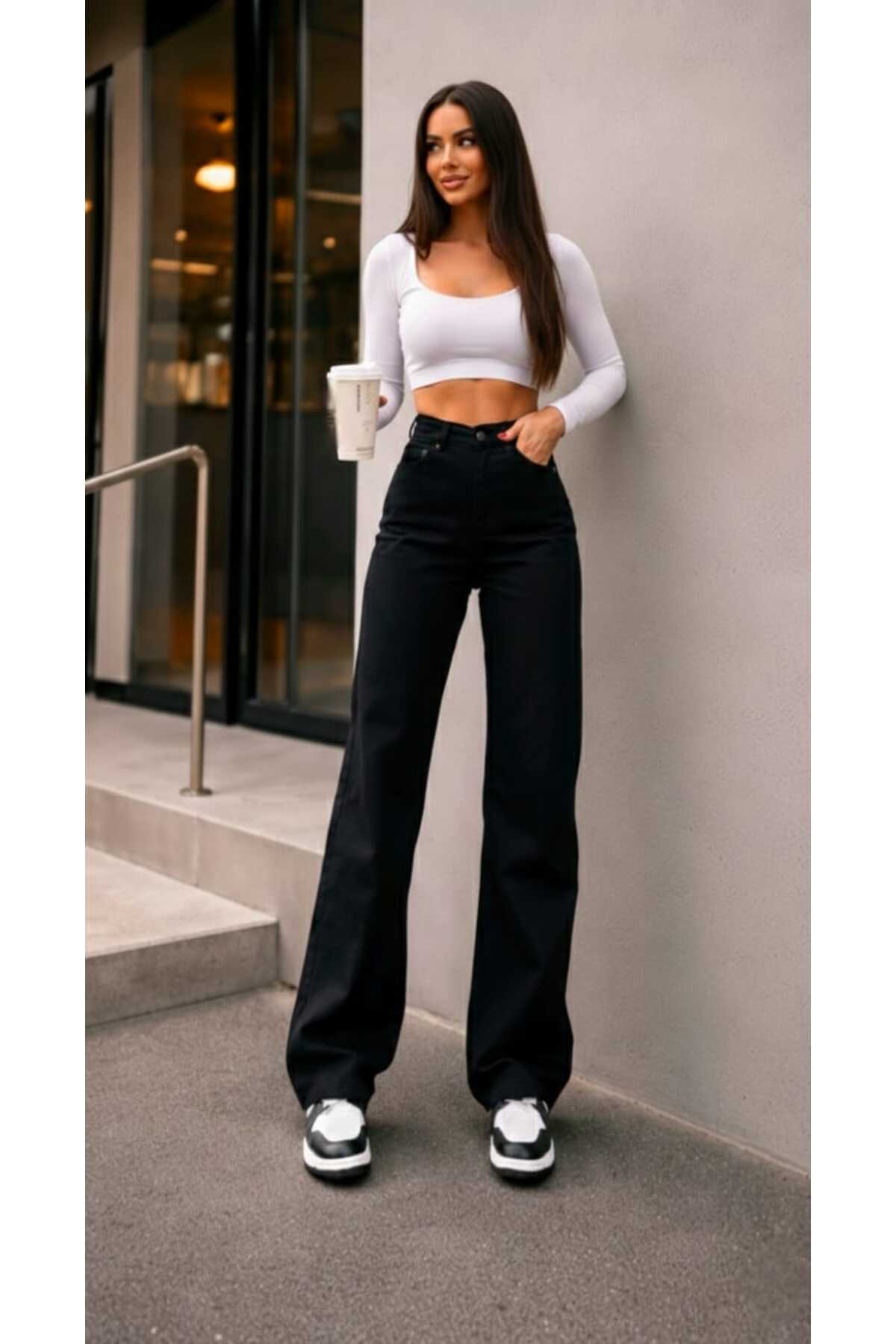 TRENDNATUREL Tessa Gold Ikon 90's Siyah Likralı Süper Extra Yüksek Bel Palazzo Salaş Jean Pantolon görsel 3