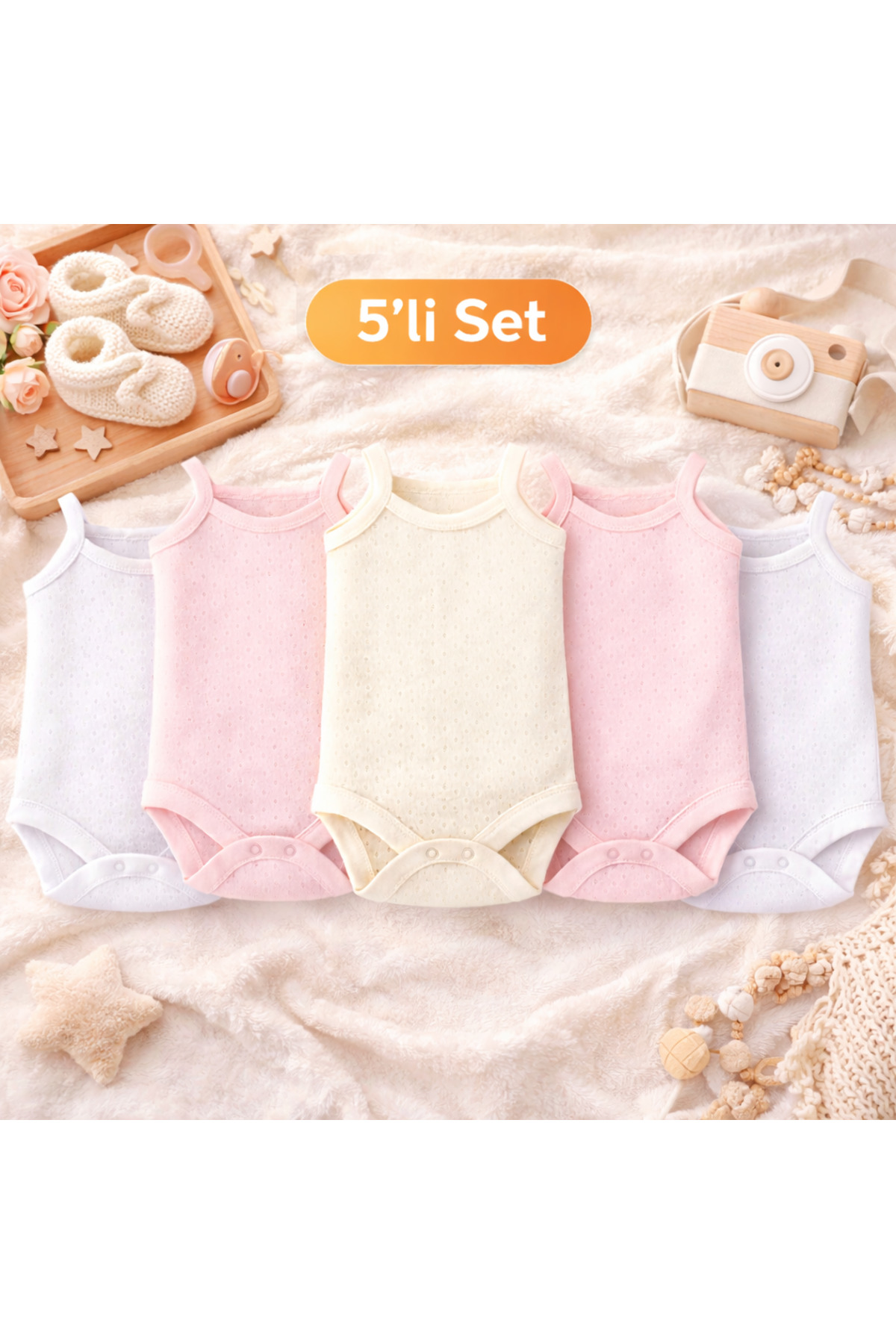 Novibaby 5'li Jakarlı İp Askılı Bebek Body Zıbın Çıtçıtlı 100% Pamuk - Ekru Pembe Beyaz fotoğrafı 2 (önizleme)
