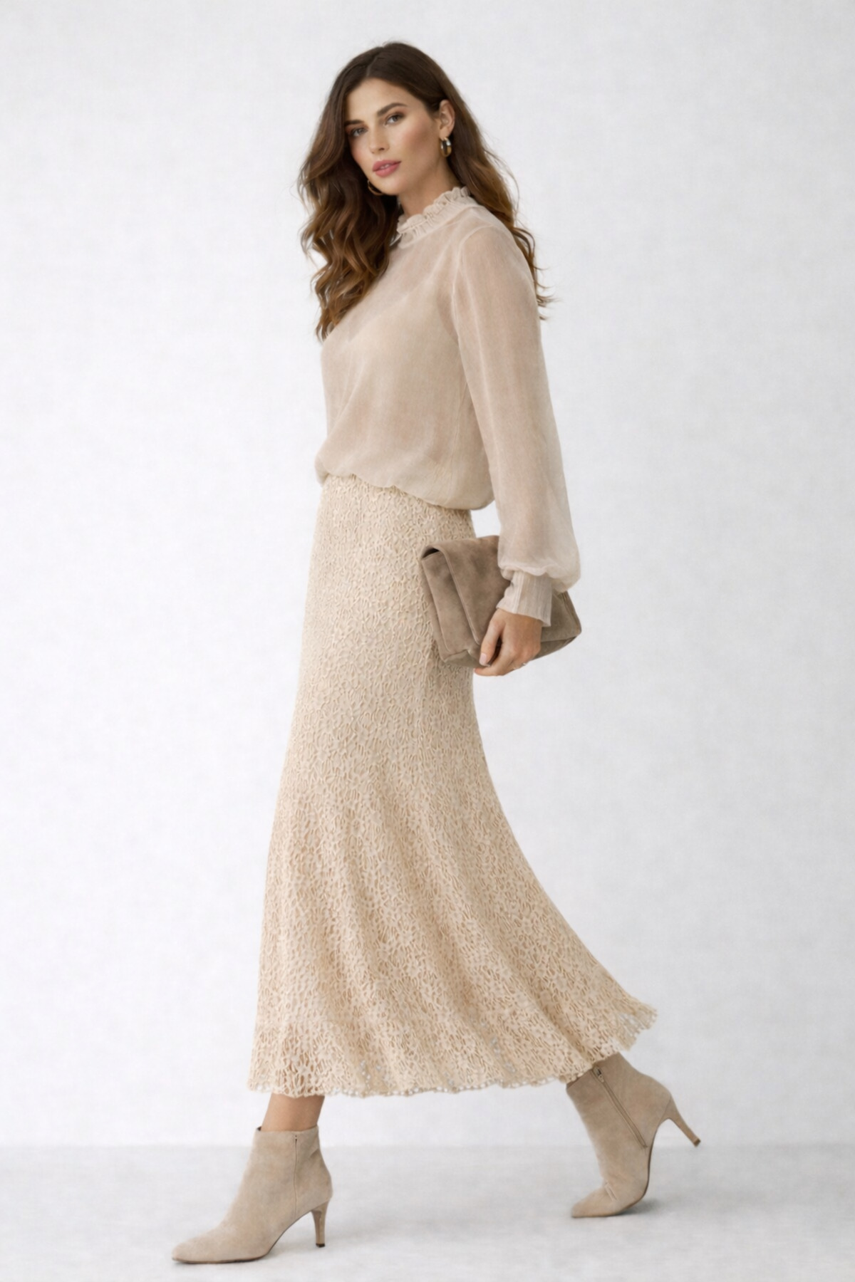 SHEBARA  Bej Dantel Yüksek Bel Lastikli Rahat Etek - Görsel 3