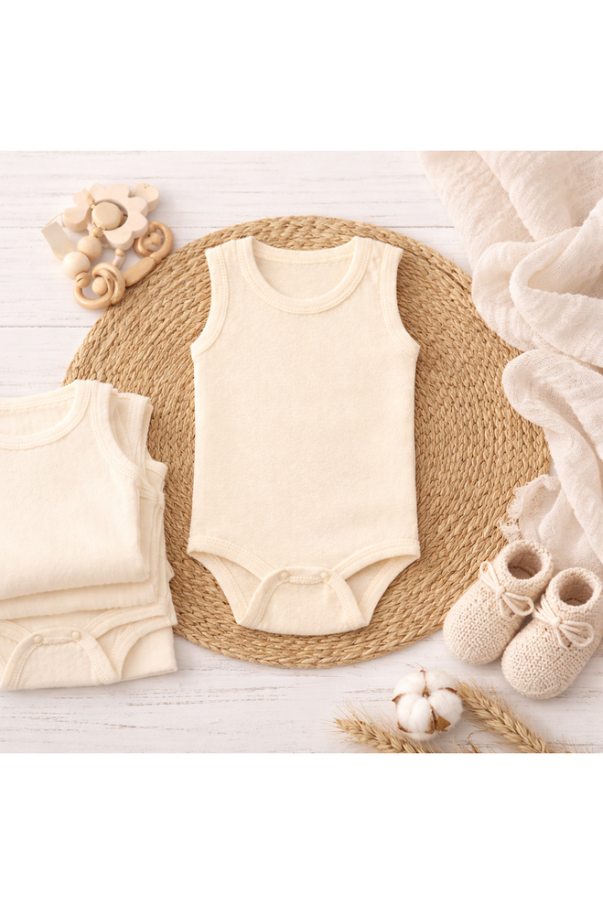 Novibaby 10'lu Bebek Atlet Body Zıbın Çıtçıtlı Ekru 100% Pamuk - Ekru Bebek Body Zıbın fotoğrafı 4 (önizleme)