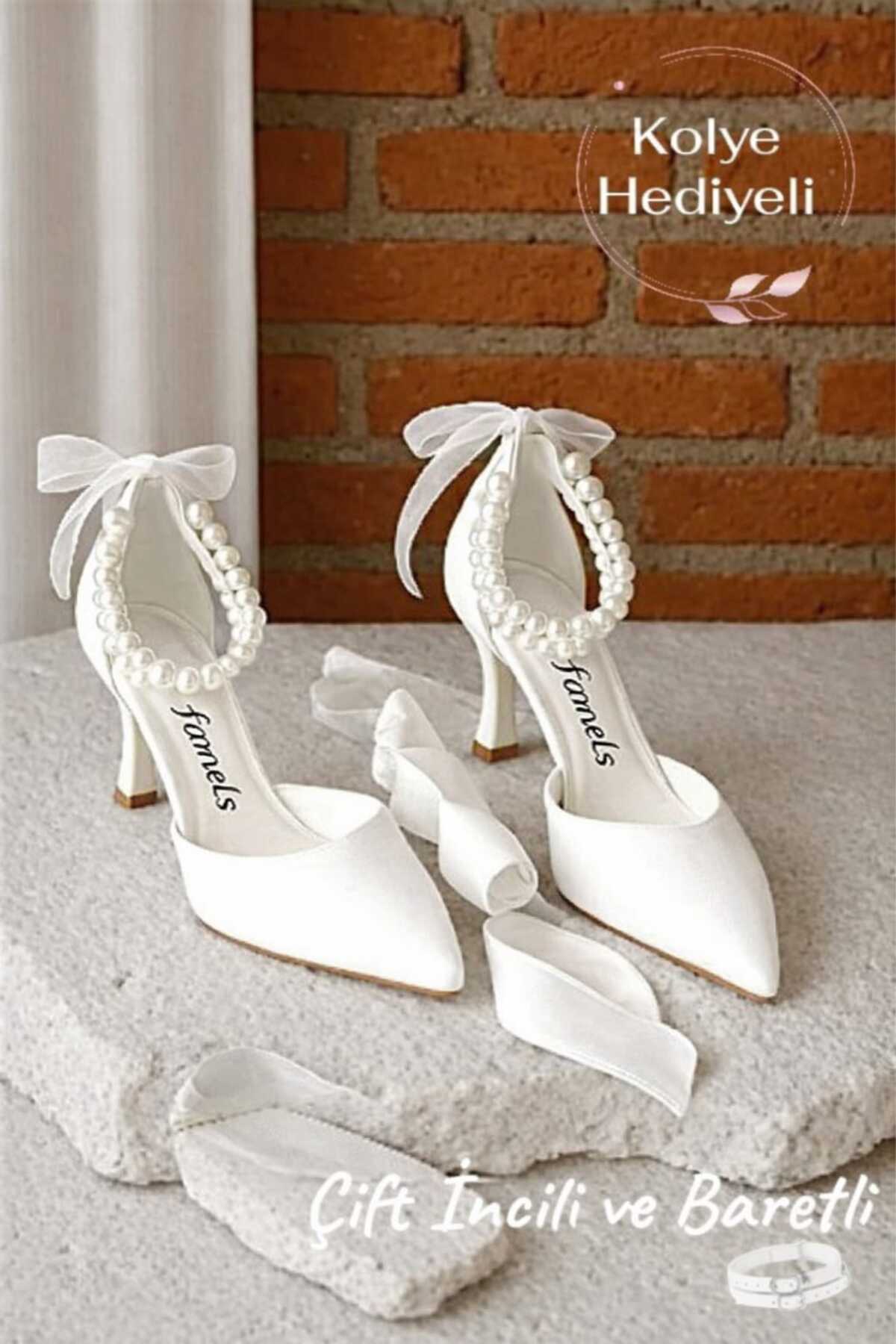 Famels  Kısa Topuklu Ayakkabı İncili Ayakkabı Beyaz , Gelin Nikah Abiye Ayakkabı Akşam Parti Ayakkabıları - Görsel 4