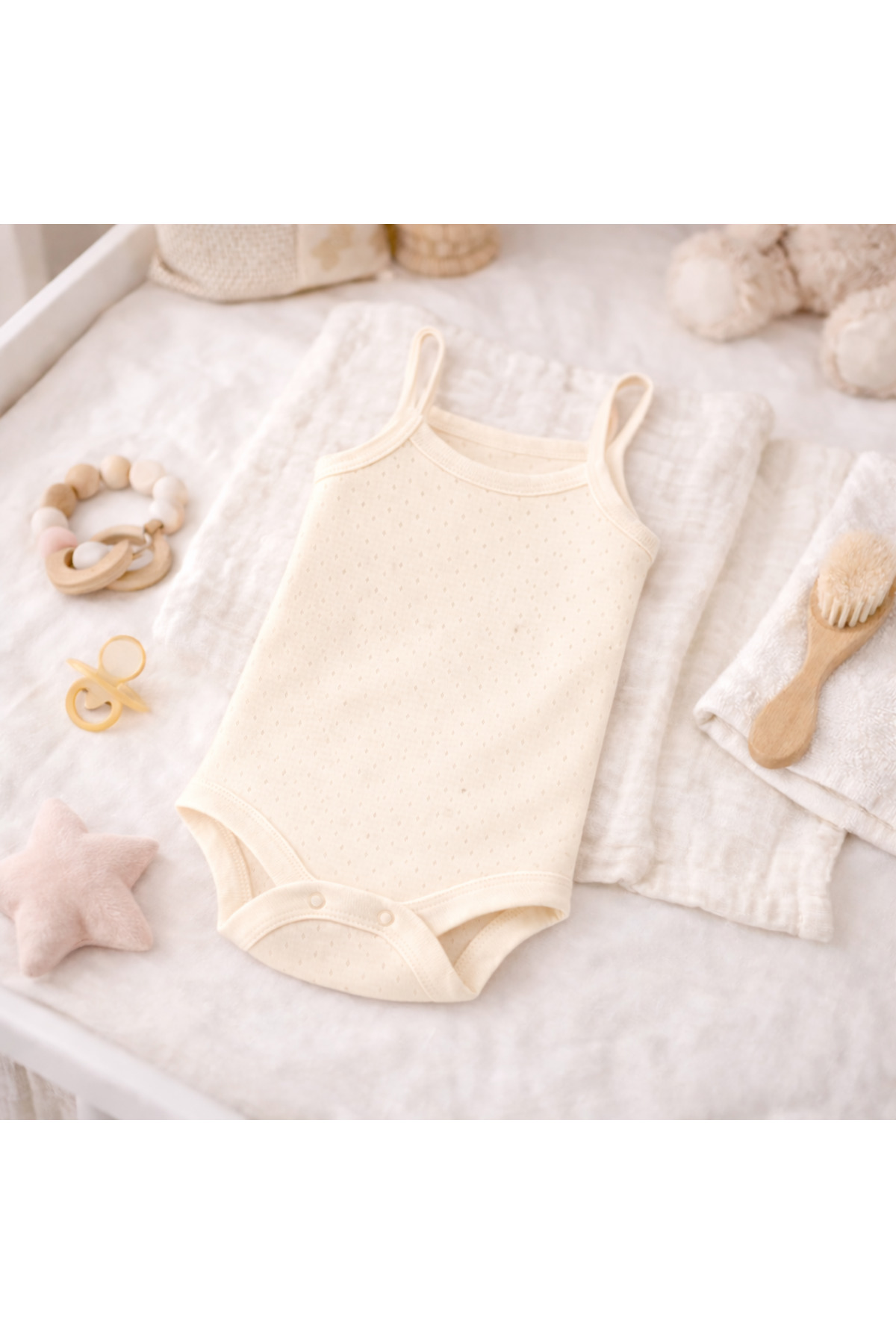 Novibaby 3'lü Jakarlı İp Askılı Bebek Body Zıbın Çıtçıtlı Ekru 100% Pamuk - Bebek Atlet Body Zıbın fotoğrafı 3 (önizleme)