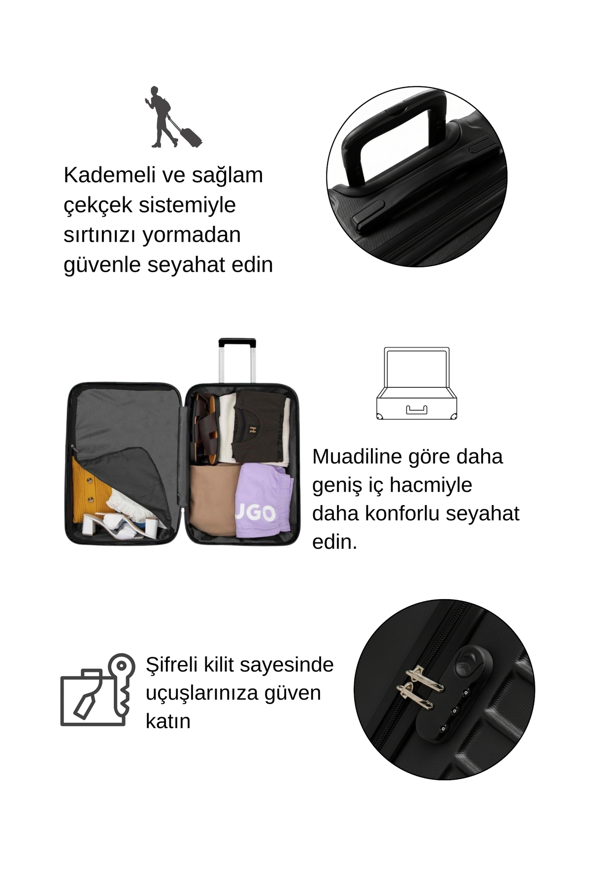 louisiana polo  Büyük Boy Valiz 4x2 Teker Siyah-Siyah 1168 - Görsel 6