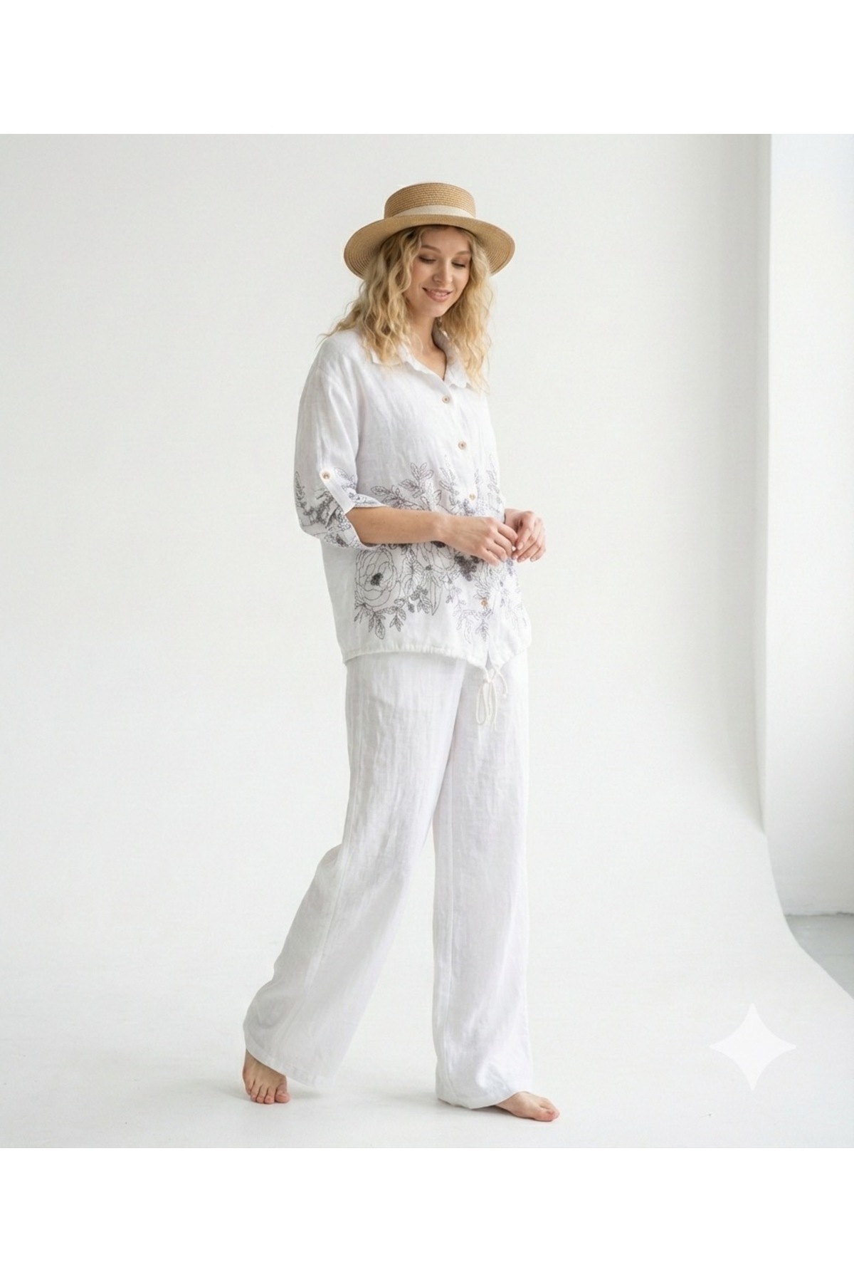 Women's White Italian Floral Pattern Oversize Linen Bottom Top Set 40 - 44 Size